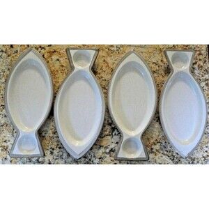 Rego Stoneware Set (s) of 4 Fish Shaped Seafood Server Plates Platters Speckled